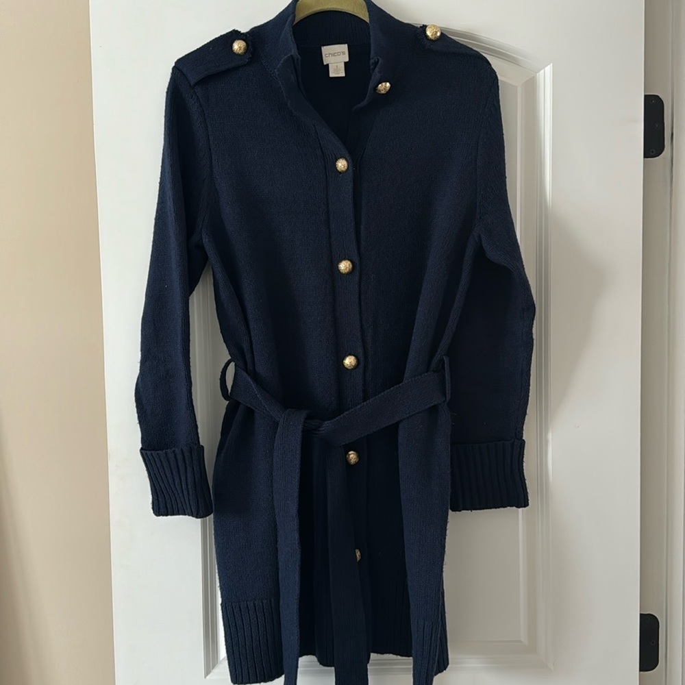 Chico’s Long cardigan (army style) with belt